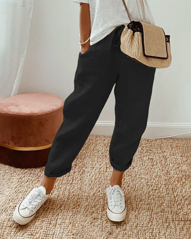 Stilvolle Damen-Sommerhose mit weitem Bein, hohem Bund & lockerem Schnitt, perfekt für Freizeit & Business-Casual.