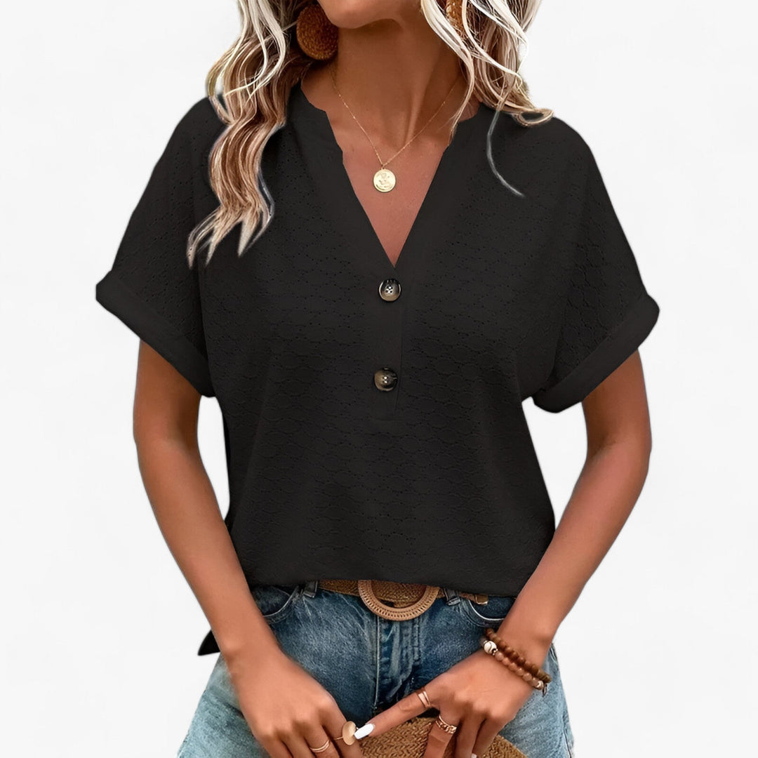 Elegante Damen Bluse mit stilvollem Muster und V-Ausschnitt, locker fallend, ideal für Frühling & Sommer.