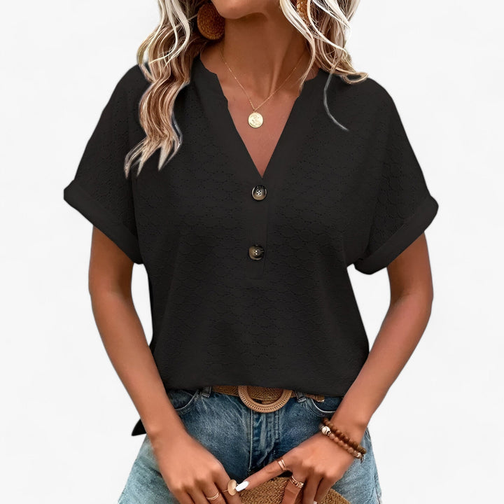 Elegante Damen Bluse mit stilvollem Muster und V-Ausschnitt, locker fallend, ideal für Frühling & Sommer.