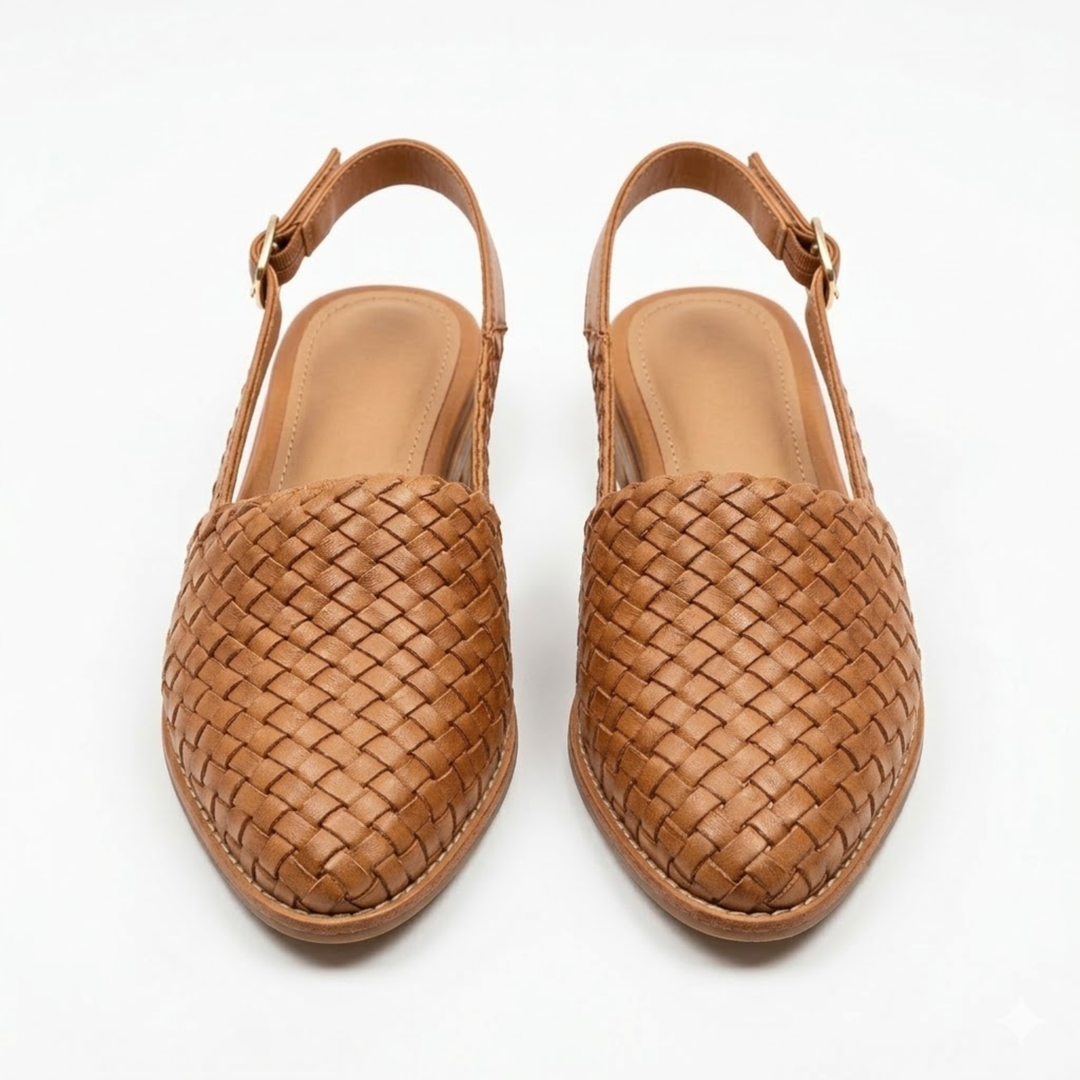 Frau trägt elegante geflochtene Damen Slingbacks, spitz. Komfortable & stilvolle Flachschuhe für Büro oder Freizeit.