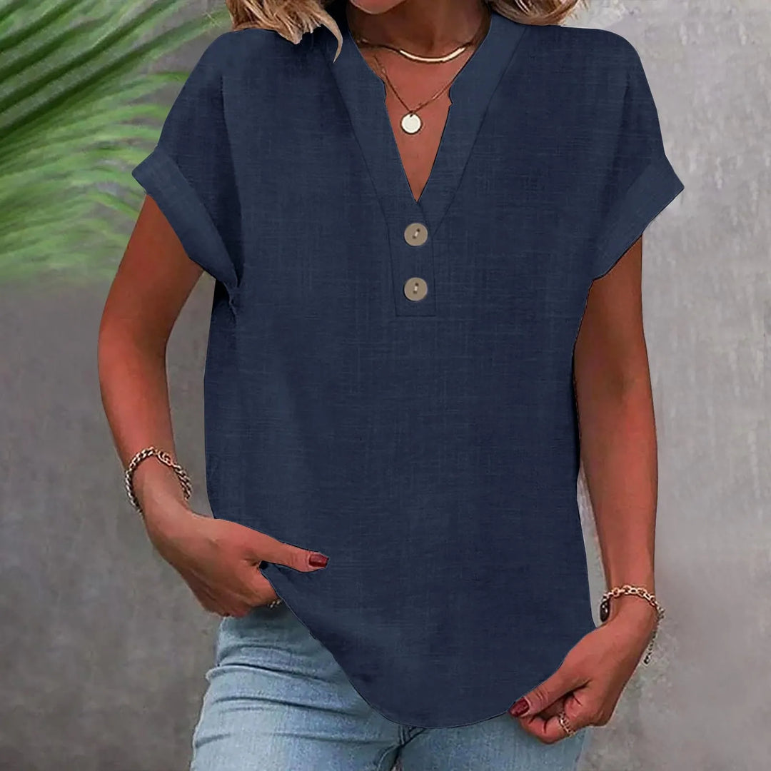 Damen Oberteil mit V-Ausschnitt & Knöpfen, perfekt kombiniert mit einer Hose. Elegant & bequem.