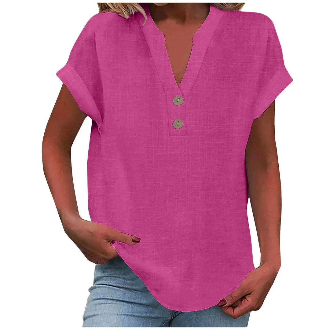 Atmungsaktives Damen Oberteil mit V-Ausschnitt & Knöpfen. Bequem für Casual Chic & warme Tage.