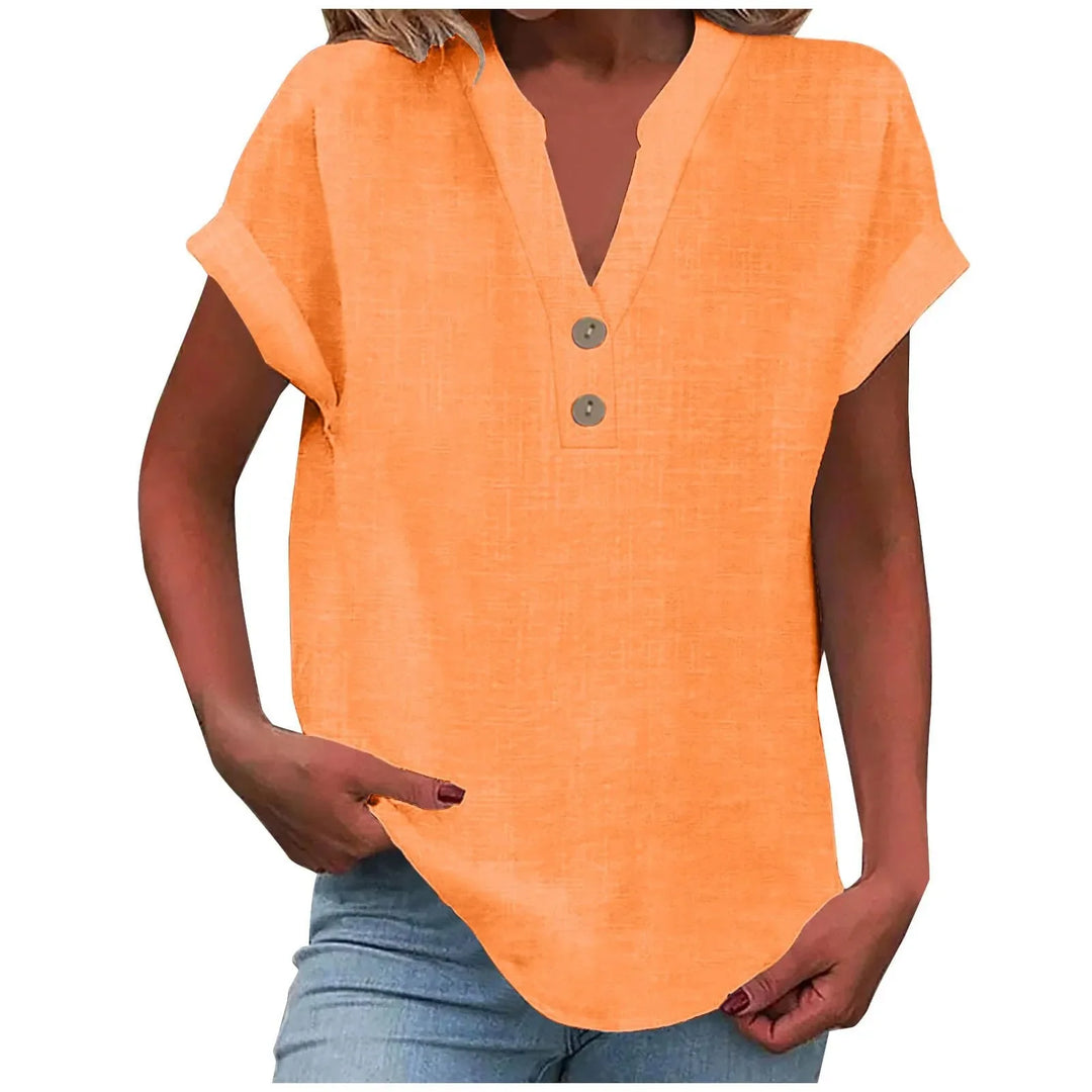 Vielseitige Damenbluse mit V-Ausschnitt und Knöpfen in Weiß. Perfekt für Sommer & elegante Looks.