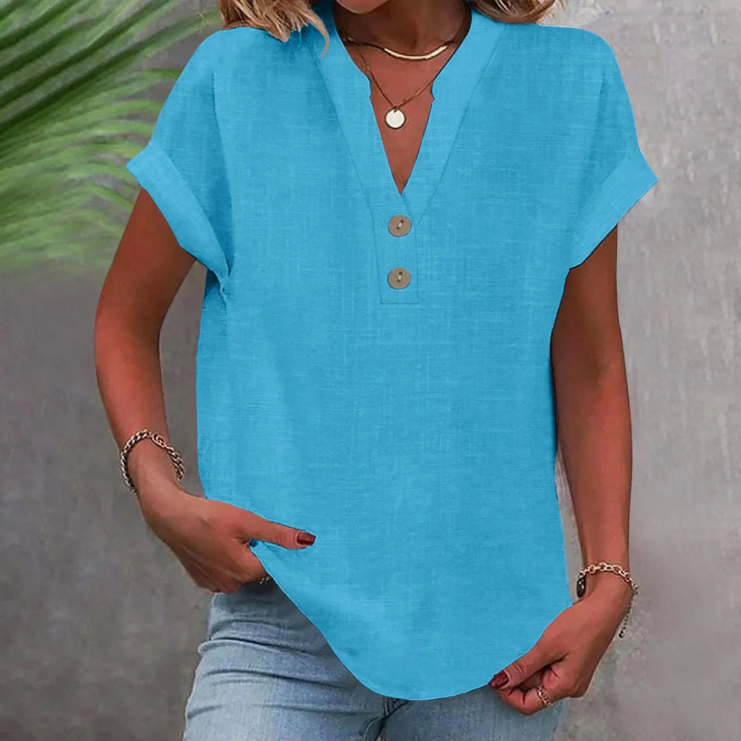 Bequeme Sommerbluse für Damen mit V-Ausschnitt & Knöpfen. Ideal für Freizeit und Reisen.