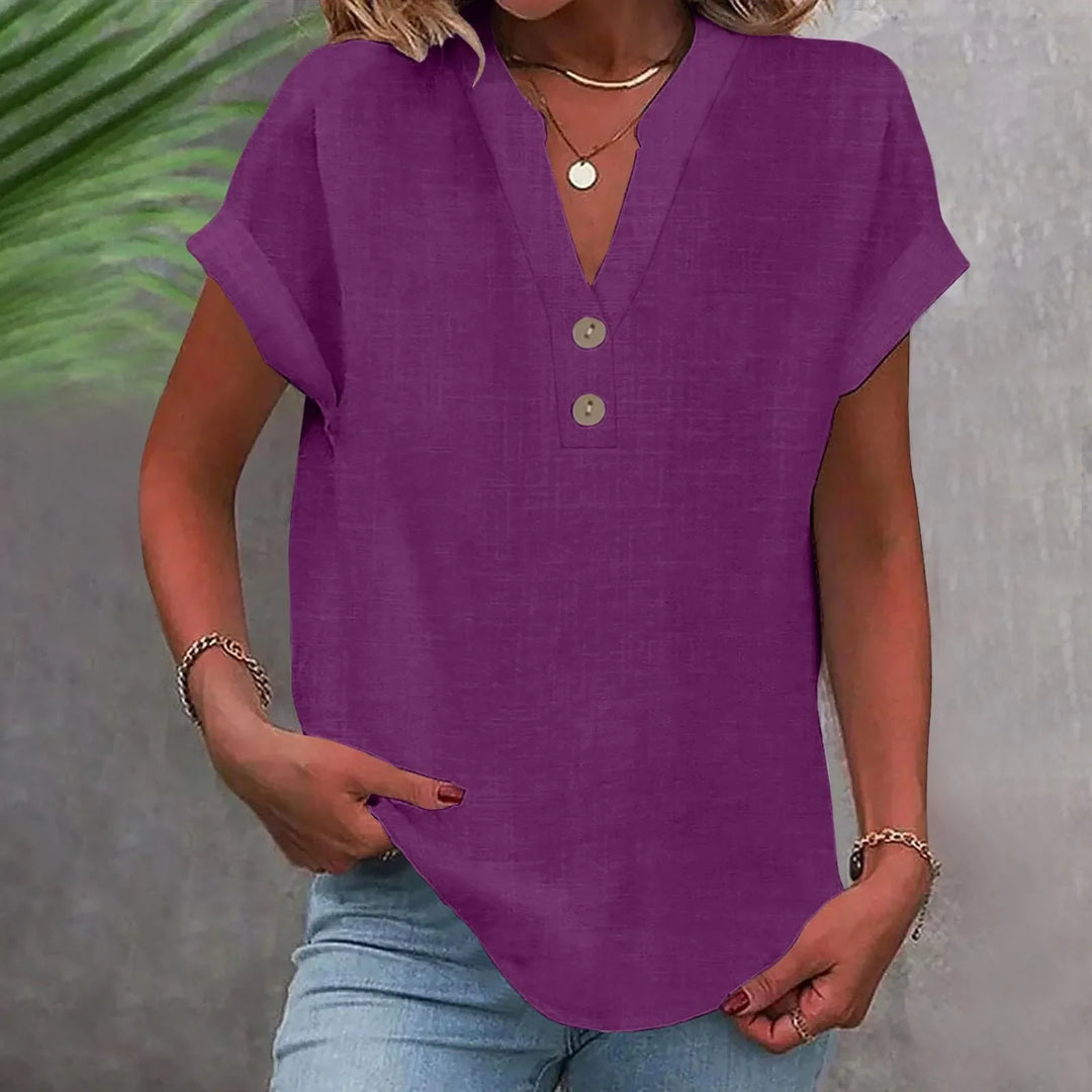 Schicke Damenbluse mit V-Ausschnitt, langen Ärmeln & Knöpfen. Eine vielseitige Option für das Büro.