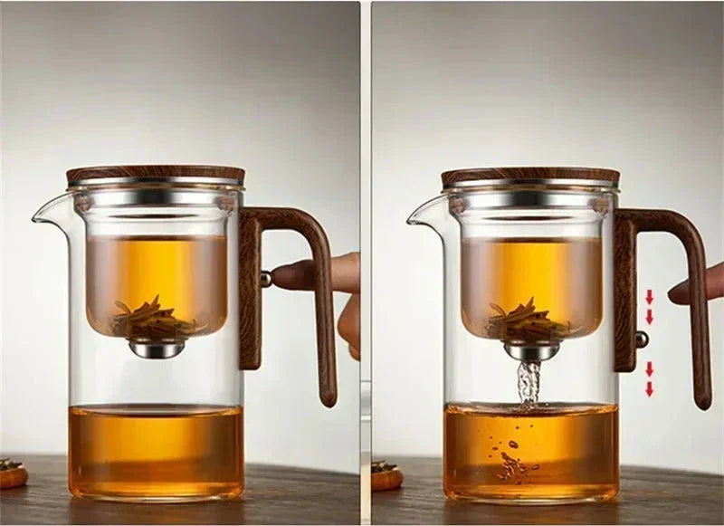 Hochwertige Glasteekanne mit Holzgriff und Präzisionsfilter – ein ideales Geschenk für Teeliebhaber und stilvolle Teezeit.