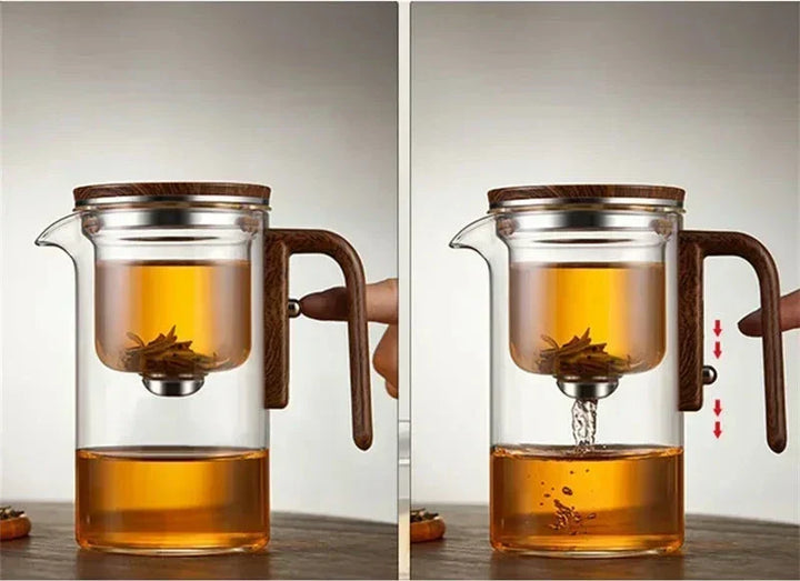 Hochwertige Glasteekanne mit Holzgriff und Präzisionsfilter – ein ideales Geschenk für Teeliebhaber und stilvolle Teezeit.