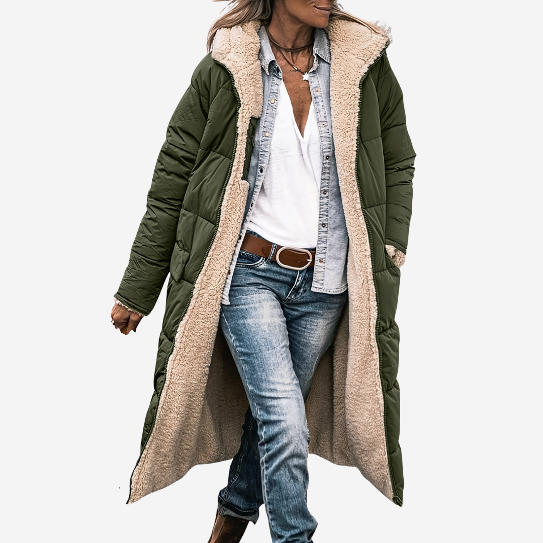 Elegante lange Damen Herbstjacke Klara, ideal für Übergangszeit und modische Outfits.