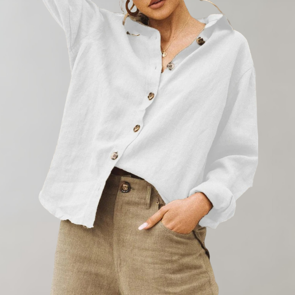 Modische Damen Langarmbluse, locker fallend und geknöpft, ein elegantes Basic für Sommer und Frühling.