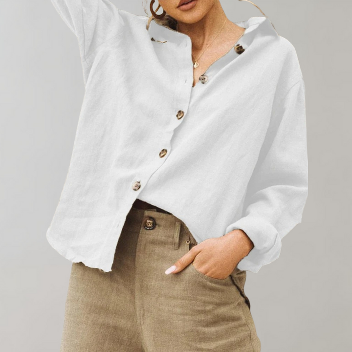 Modische Damen Langarmbluse, locker fallend und geknöpft, ein elegantes Basic für Sommer und Frühling.