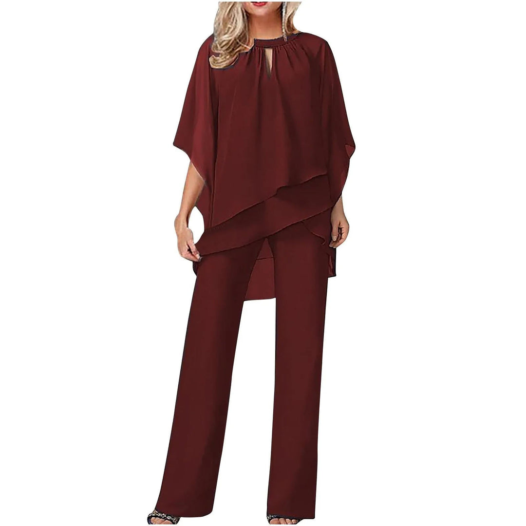 Festlicher Damen Hosenanzug mit weiter Hose und Fledermausärmeln, ideal für besondere Anlässe & Sommer.