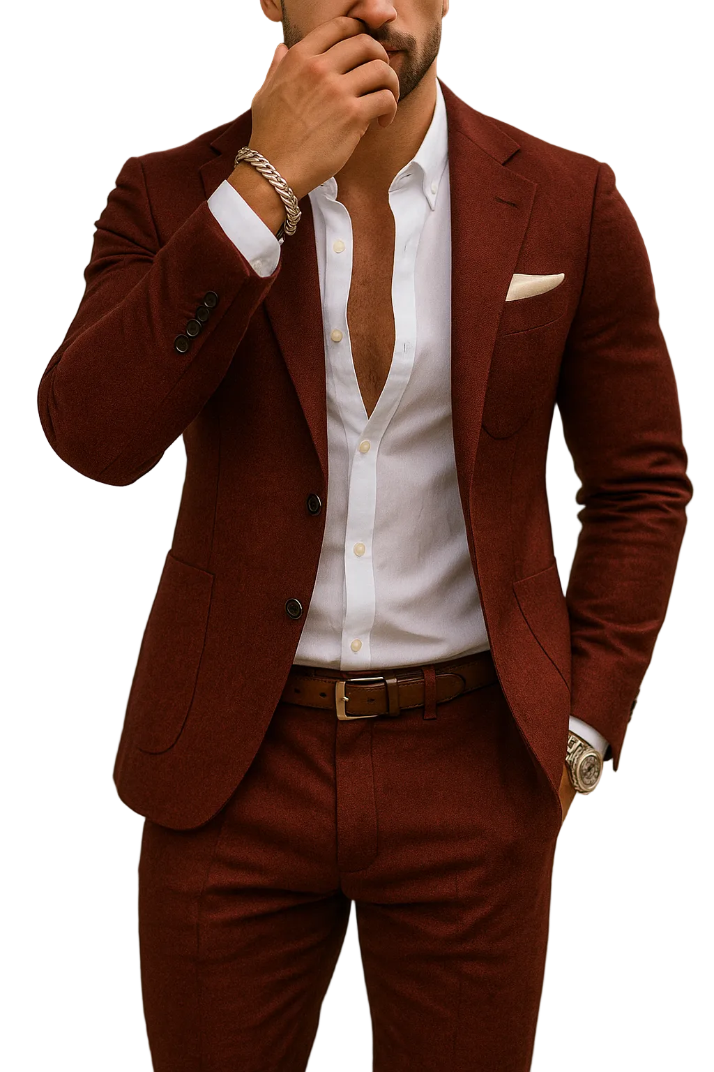 Junger Mann trägt eleganten, schmal geschnittenen Sommeranzug; Mode für Business & festliche Events.