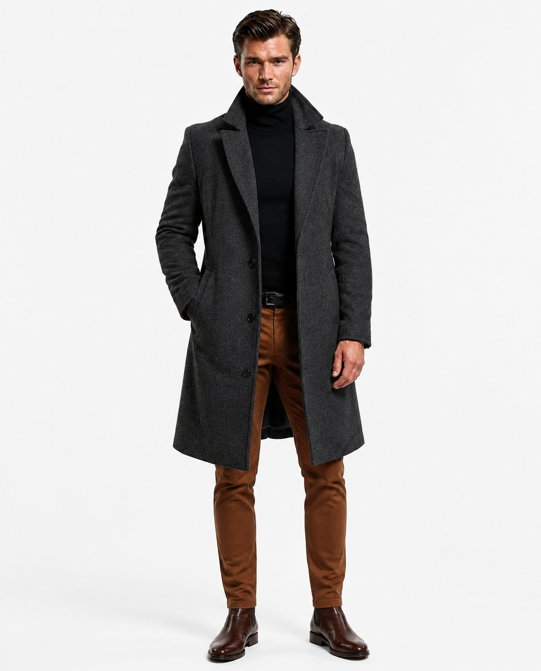 Stilvoller schwarzer Herren Langmantel, vielseitig kombinierbar, ideal für Business und Freizeit im Winter.