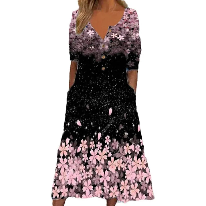 Leichtes A-Linien Sommerkleid für Damen, betont die Figur mit V-Ausschnitt und Taschen.