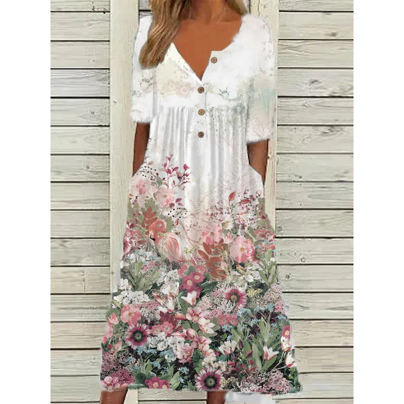 Stylisches Sommerkleid für Damen: A-Linie, V-Ausschnitt, Blumendruck & kurze Ärmel.