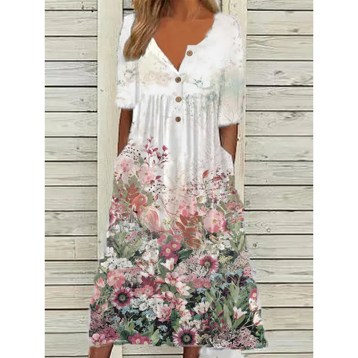 Stylisches Sommerkleid für Damen: A-Linie, V-Ausschnitt, Blumendruck & kurze Ärmel.