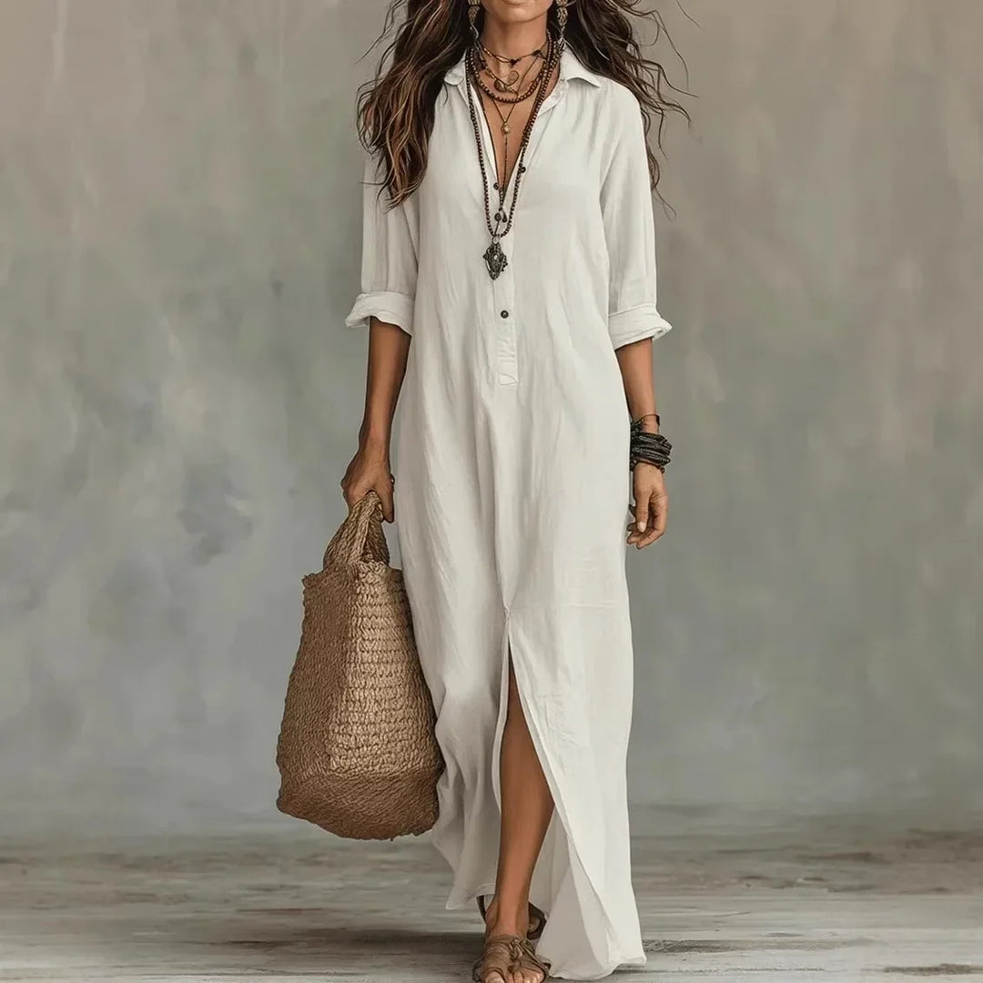 Elegantes Damen Maxi Sommerkleid, fließend, mit Knopfreihe und Seitenschlitz, perfekt für Abend & Urlaub.
