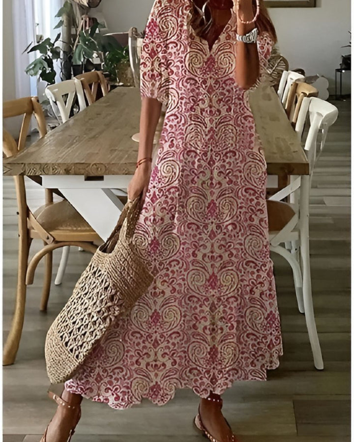 Damen Maxikleid mit V-Ausschnitt und fließendem Schnitt. Elegantes, bequemes Boho-Kleid, perfekt für Sommer und Urlaub.