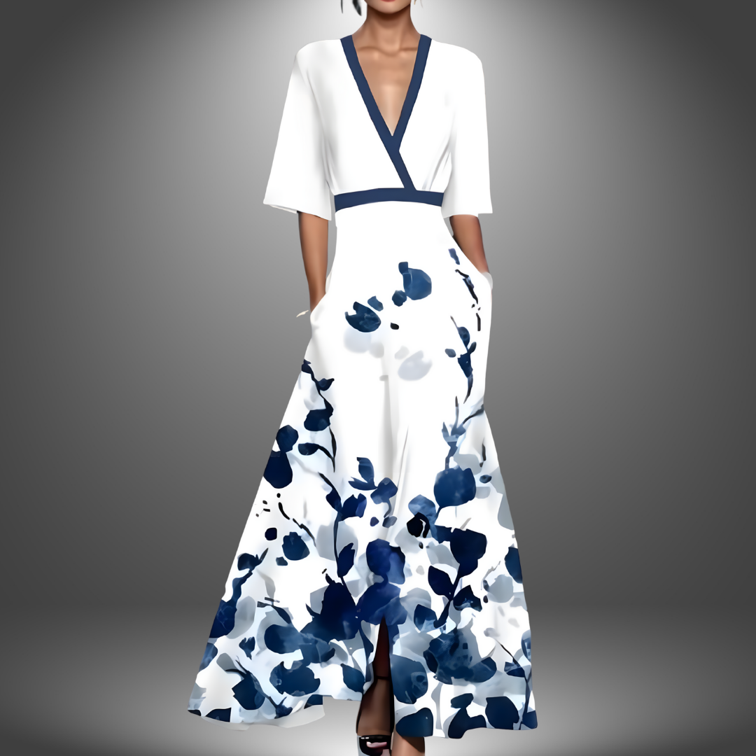 Rosa-blaues Blumen-Maxikleid für Damen, stilvoll & bequem, ideal als Sommer- oder Freizeitkleid.