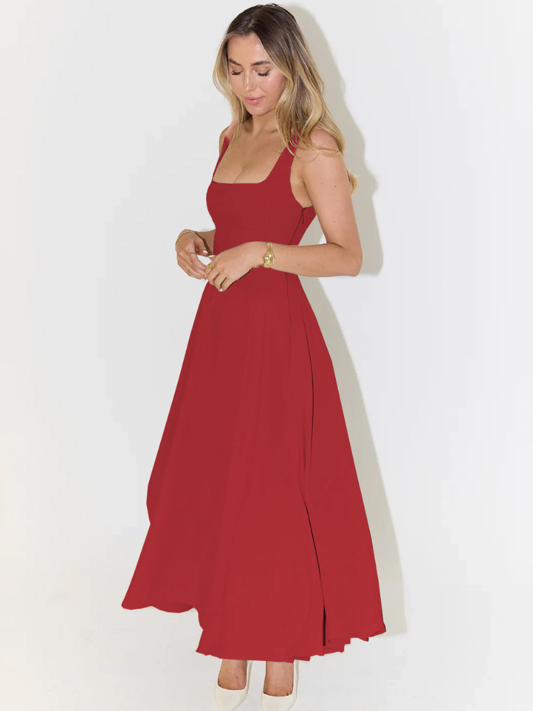 Modisches Damen Midikleid, Herbst, quadratischer Ausschnitt, stilvoll & elegant.