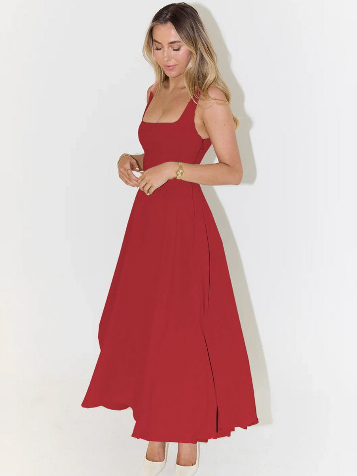 Modisches Damen Midikleid, Herbst, quadratischer Ausschnitt, stilvoll & elegant.