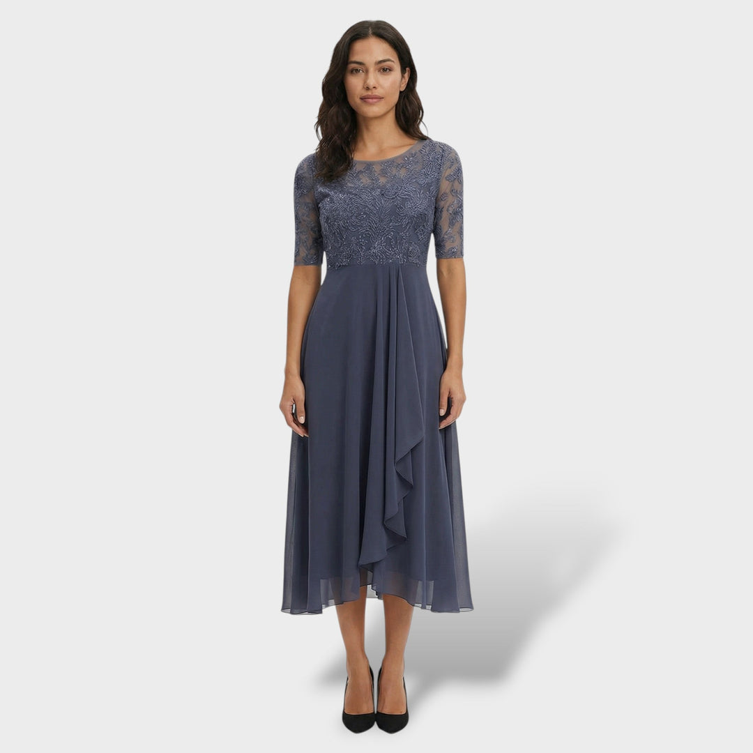 Zeitloses Damen Midikleid, klassischer Schnitt mit Rundhals für jede Garderobe.