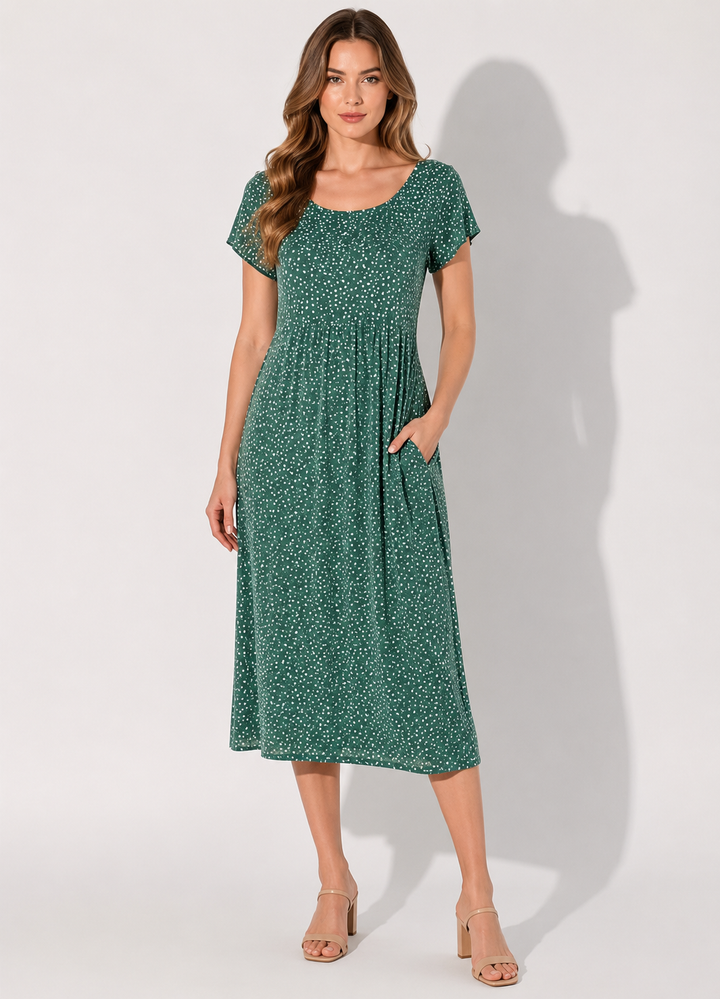 Elegantes Damen Pünktchen Midikleid in A-Linie, kurzarm. Vielseitiges Sommer- & Freizeitkleid für Damenmode.