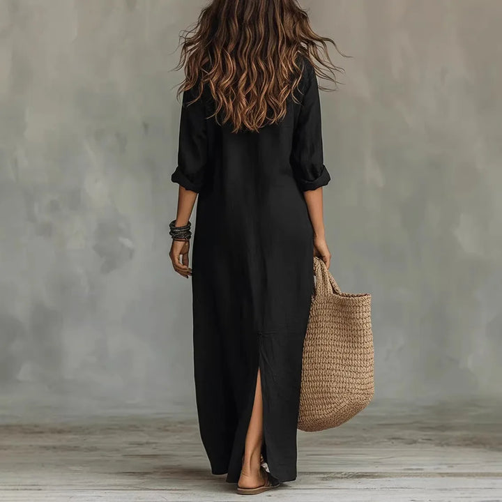 Fließendes Damen Sommer Maxikleid, langärmlig, mit Knopfleiste & Seitenschlitz. Modernes Freizeitkleid.