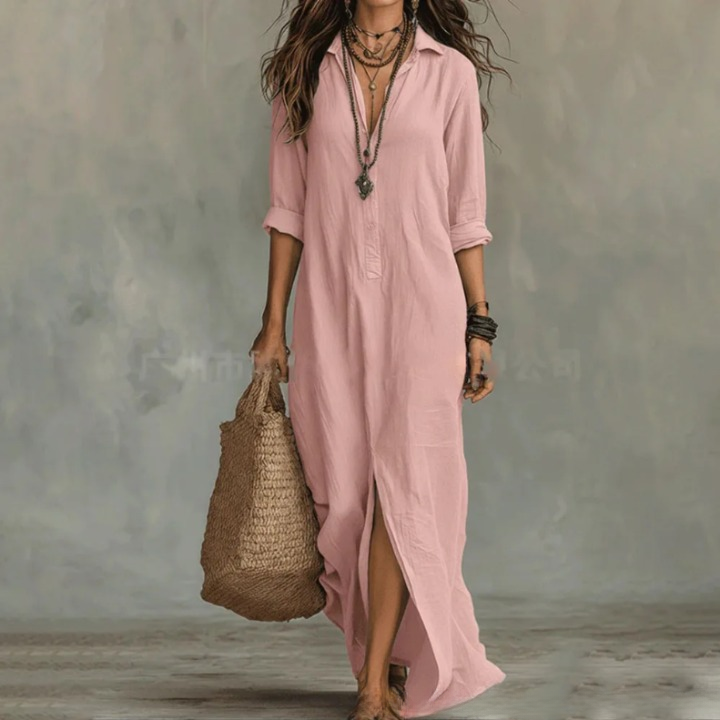 Komfortables Damen Maxikleid mit Knopfleiste & Seitenschlitz. Ideales Sommer-, Urlaubs- & Freizeitkleid.
