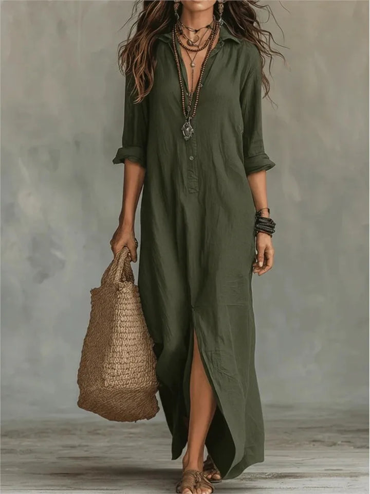 Vielseitiges Damen Sommer Maxikleid mit Knopfleiste. Kombinierbar für eleganten oder lässigen Freizeitlook.