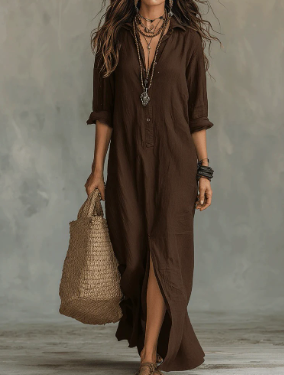 Modisches Damen Maxikleid mit durchgehender Knopfleiste, Seitenschlitz & langen Ärmeln. Für elegante Sommerlooks.