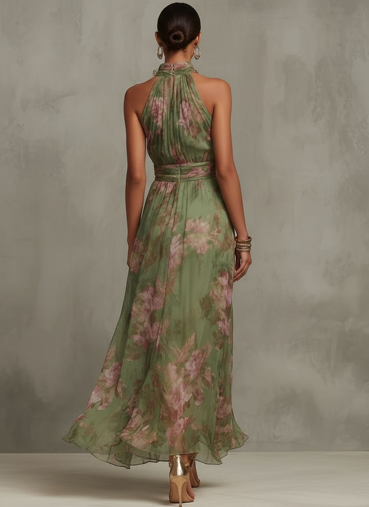 Sophie Midikleid für Damen: Grünes Blumen-Sommerkleid mit Neckholder, ideal für Party & Freizeit elegant.