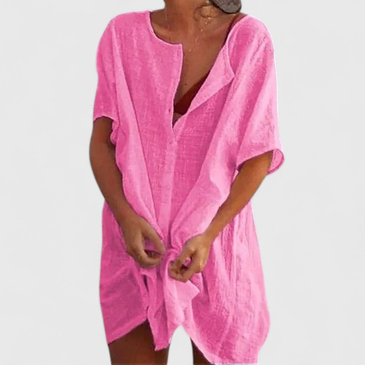 Rückansicht des Damen Tunika-Kleides, bequemer Schnitt, vielseitig für Sommer, Freizeit und Urlaub.