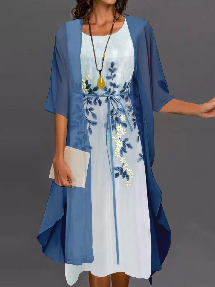 Edles Damen-Zweiteiler-Midikleid mit Blumenmuster, perfekt für festliche Anlässe und Sommerabende.