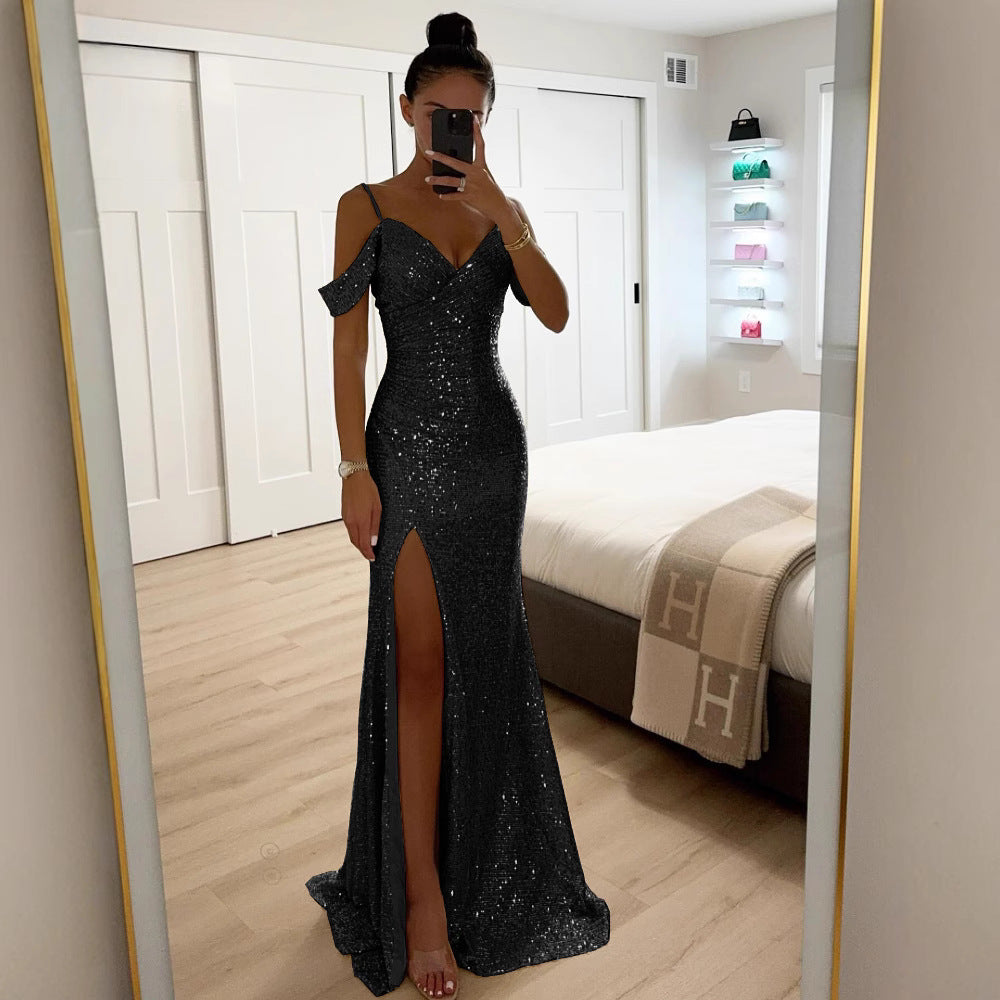 Festliches Damen Abendkleid mit elegantem Schulterdetail & sexy Schlitz, ideal für Gala, Hochzeit oder feierliche Anlässe.