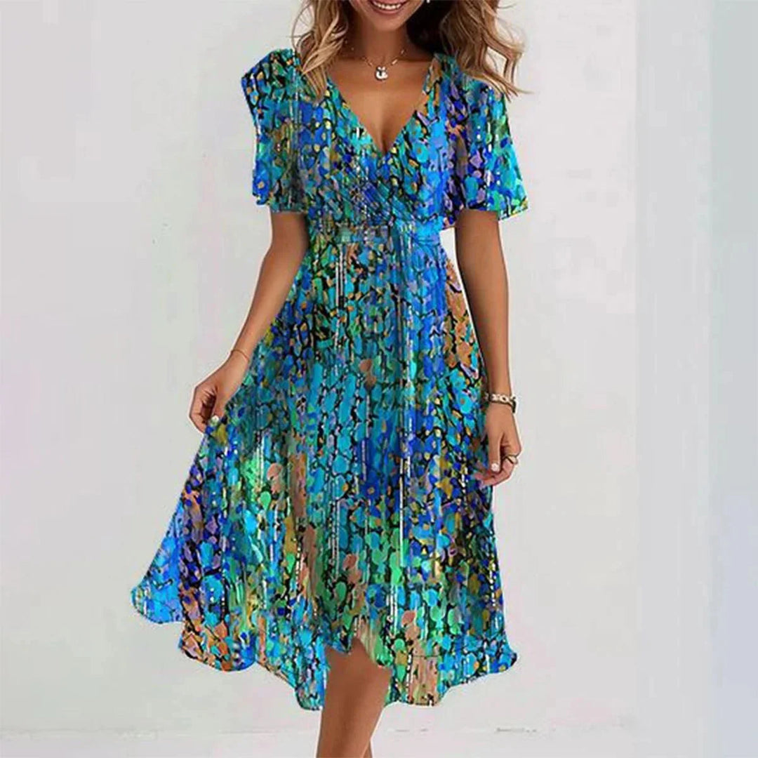 Elegantes, fließendes Damen Sommerkleid in Midi-Länge mit kurzen Ärmeln, perfekt für Freizeit oder Party.