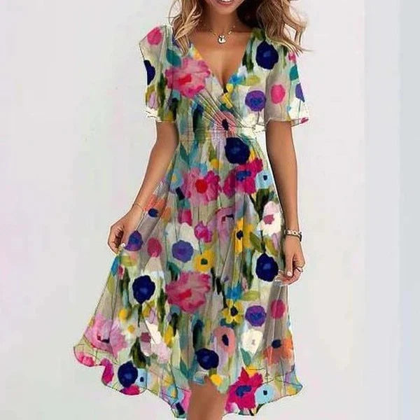Chic und bequem: Modisches Damen Midi-Sommerkleid, fließend geschnitten mit Kurzarm, für elegante Anlässe.