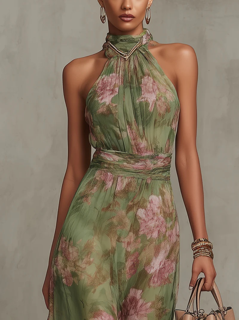 Schönes grünes Damen Freizeitsommerkleid mit Blumenprint, perfekt für Urlaub und Freizeit.