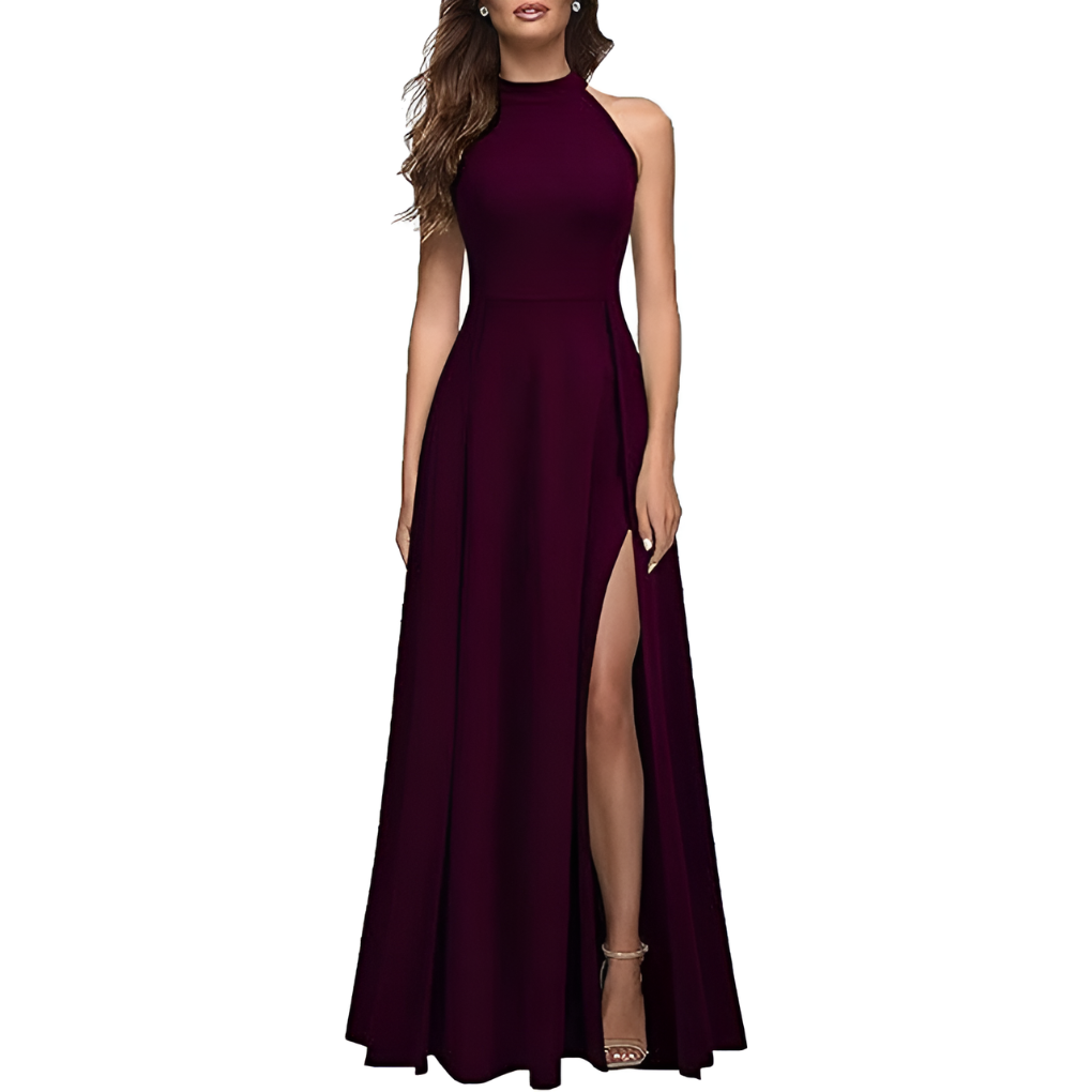 Langes elegantes Damen Abend Maxikleid mit Halterneck. Perfektes festliches Kleid für Hochzeitsgäste und Parties.