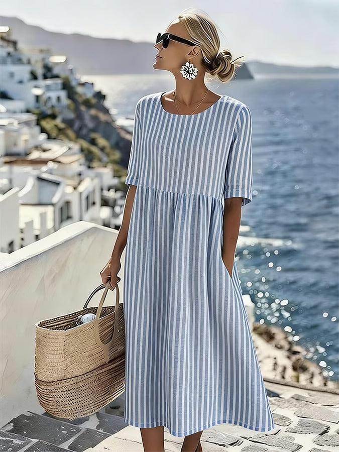 Elegantes, luftiges Damen Midikleid gestreift mit Taschen, perfekt für Sommer, Freizeit & Urlaub.