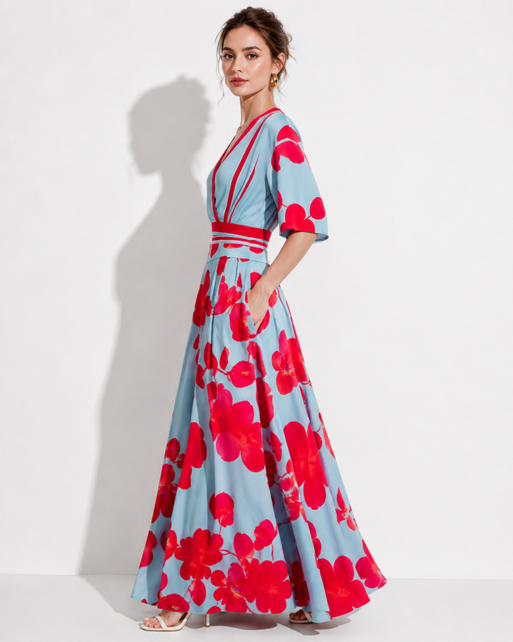 Stilvolles, mehrfarbiges Damenkleid mit Ärmeln, elegant geschnitten für festliche Events. Modisches Ärmelkleid.