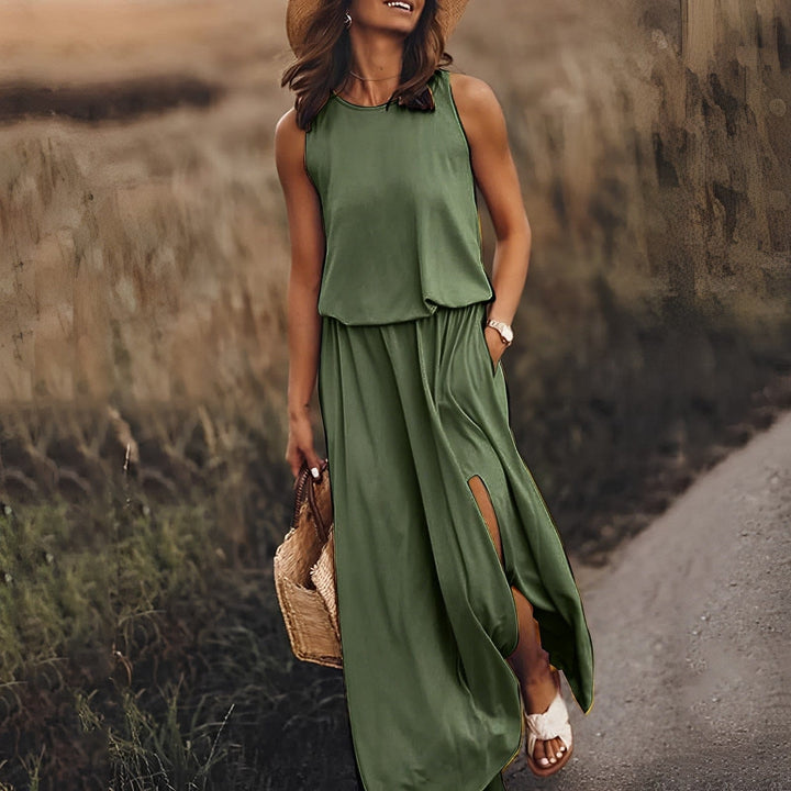 Modernes, langes Damen Sommerkleid. Elegantes Maxikleid, ideal für festliche Anlässe oder lässige Tage.