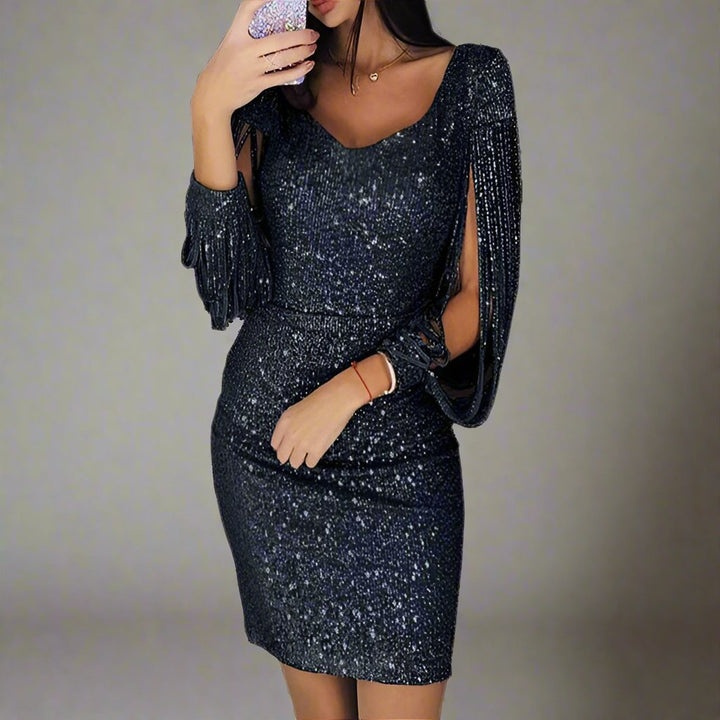 Damen Pailletten Abendkleid mit V-Ausschnitt, figurbetont, perfekt für festliche Anlässe und Partys.