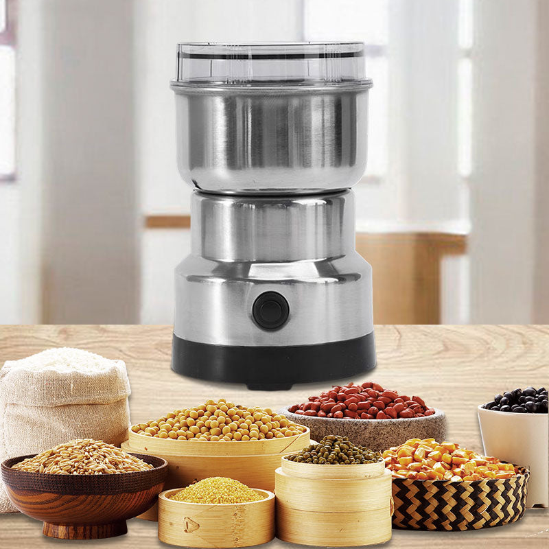 Elektrische Kaffeemühle & Gewürzmühle aus Edelstahl für frische Bohnen, Kräuter und Getreide in der Küche.