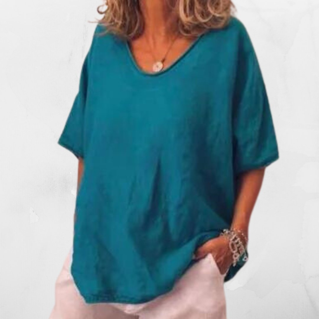 Damen Oversized Leinen T-Shirt Elin für den Sommer. Locker, bequem & atmungsaktiv für Freizeit & Alltag.