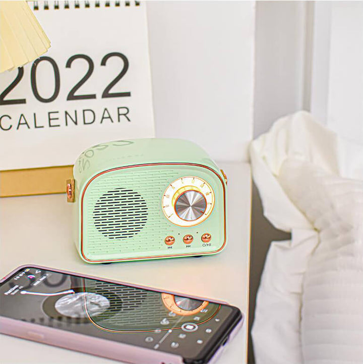 Stilvoller Retro Bluetooth Lautsprecher mit FM-Radio, tragbar und perfekt für jedes Ambiente.