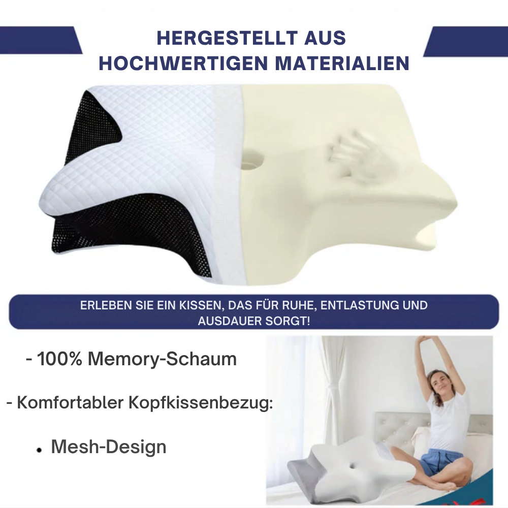 Atmungsaktives Schlafkissen, ergonomisch geformt, fördert Entspannung und tiefen Schlaf bei Nacken- und Schulterschmerzen.