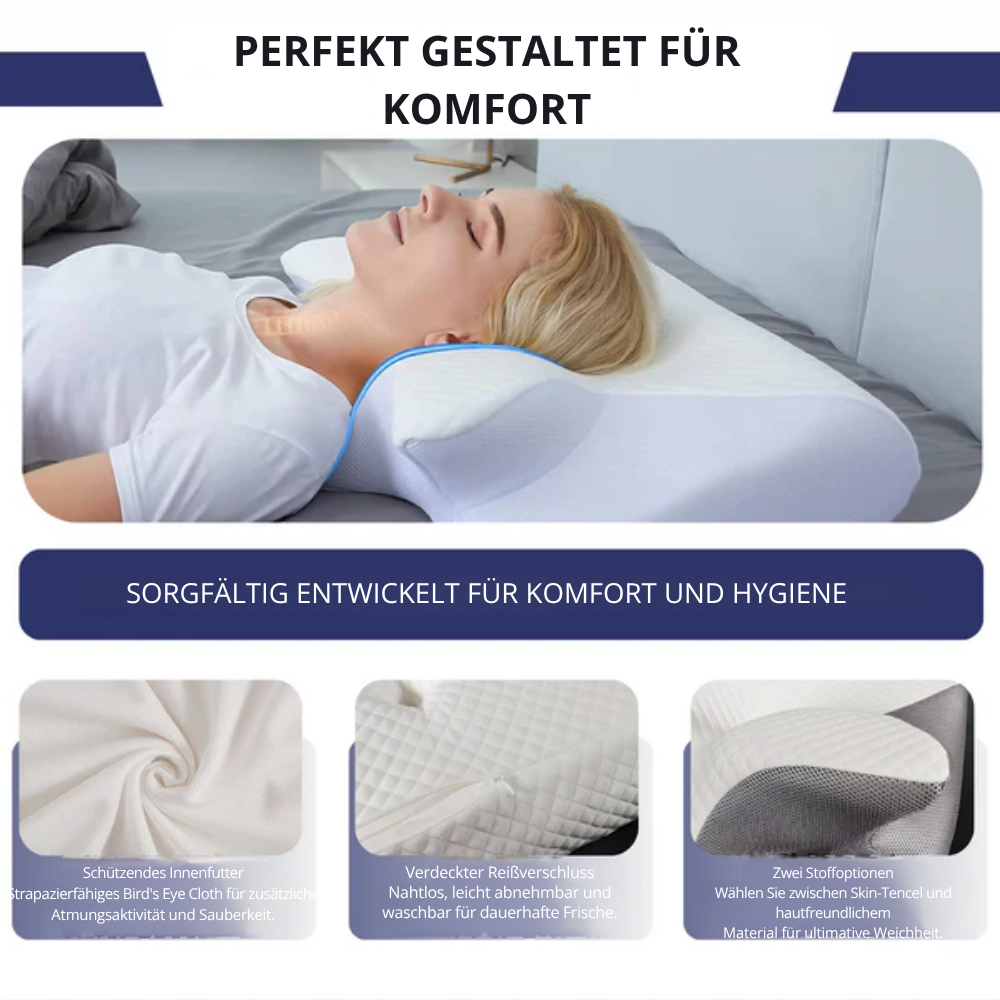 Orthopädisches Nackenkissen mit Schulterstütze, ergonomisches Design für optimale Ausrichtung und entspannten Schlaf.