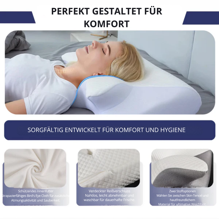 Orthopädisches Nackenkissen mit Schulterstütze, ergonomisches Design für optimale Ausrichtung und entspannten Schlaf.