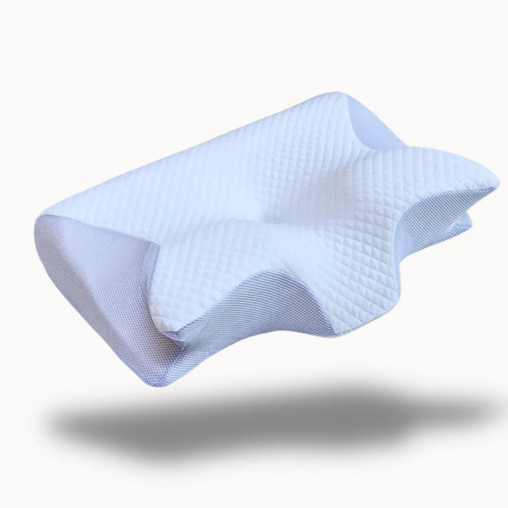 Seitenansicht des ergonomischen Nackenkissens, das Nacken und Schultern stützt und erholsamen Schlaf ermöglicht.